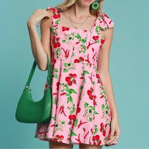 NWT UMGEE Retro Pink Cherry Pattern Mini Dress S M L